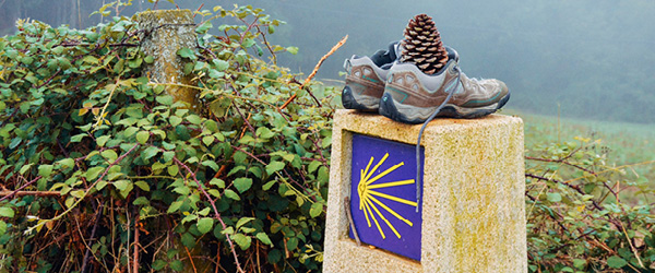 Vecchie scarpe sopra pietra con segnaletica gialla e blu lungo il Cammino di Santiago