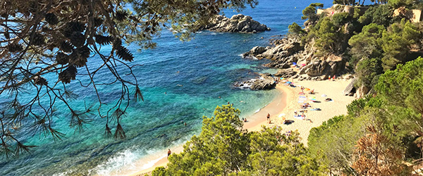 Vista sulla costa rocciosa della Costa Brava, Spagna, con acque turchesi e vegetazione mediterranea.