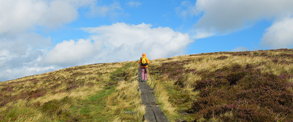 Escursionista lungo un sentiero panoramico lungo la Wicklow Way, Irlanda, tra colline verdi e cielo azzurro.