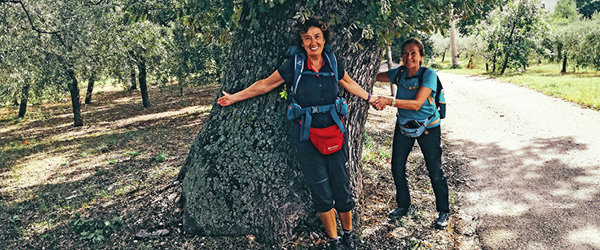 Due donne tra gli ulivi lungo un tratto del Cammino di Francesco vicino ad Assisi, viaggio trekking organizzato Girolibero.