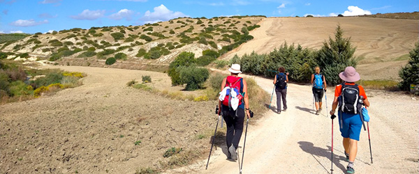 Pellegrini che camminano su un sentiero sabbioso tra colline aride sul Cammino Materano.