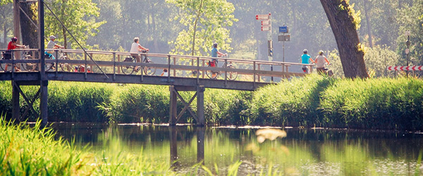 Ciclisti attraversano un sentiero naturale con un piccolo ponte nel parco nazionale di Weerribben, Paesi Bassi.