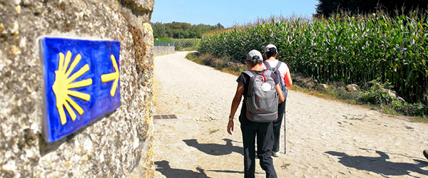 Pellegrino su un sentiero segnato con la conchiglia simbolo del Cammino di Santiago, lungo il Cammino Portoghese.
