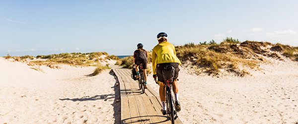 Ciclisti su una passerella in legno tra le dune sabbiose lungo la costa sud della Svezia, in una giornata di sole, viaggiare in bicicletta