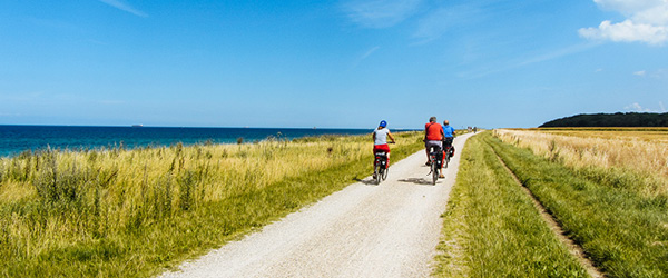 Ciclisti su strada ciclabile che attraversa una zona costiera tra dune e mare aperto, sentiero panoramico vicino al Mar Baltico, Polonia