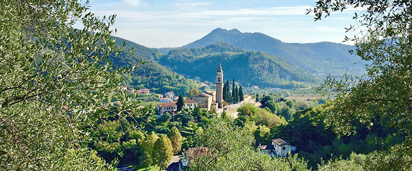 Sentiero panoramico nei Colli Euganei, Veneto, tra boschi e colline, ideale per viaggi a piedi e turismo