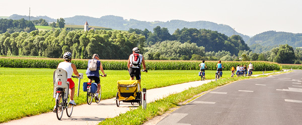 Famiglie di cicloturisti, bambino sul seggiolino di una bici, carrellino, paesaggio naturale, vacanza all'aria aperta