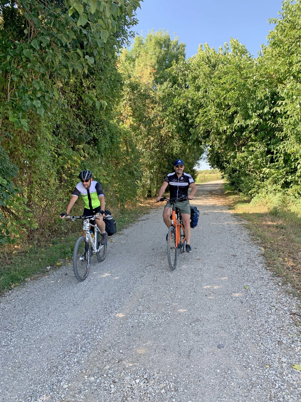Cicloturisti su pista ciclabile tra boschi e campagne dell’Alsazia durante un viaggio in bici