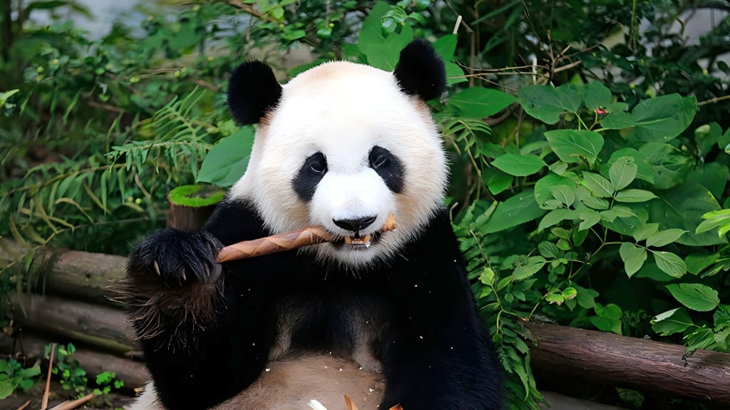 Panda gigante che mangia bambù in un’area naturale protetta di Chengdu, incontro con la fauna locale in Cina