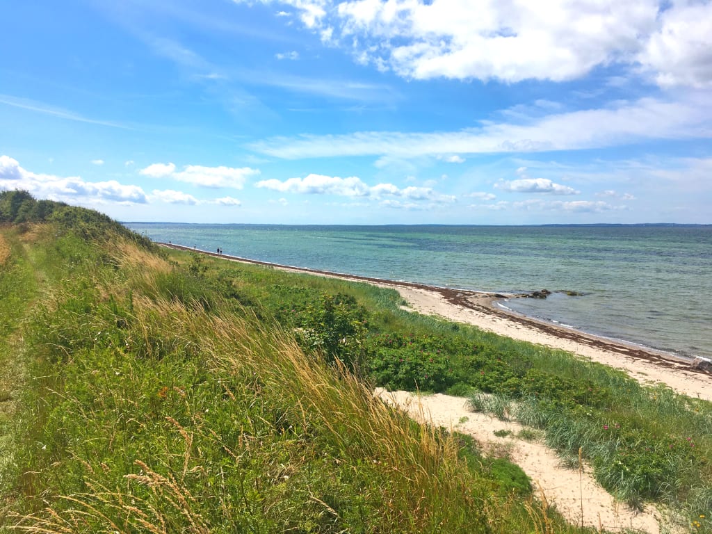 Spiaggia sabbiosa e mare blu circondati da dune erbose, isola di Fyn, Danimarca
