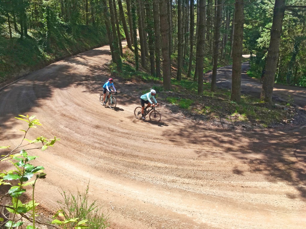 Ciclisti lungo un sentiero sterrato immerso nella pineta lungo la Costa Brava, Spagna