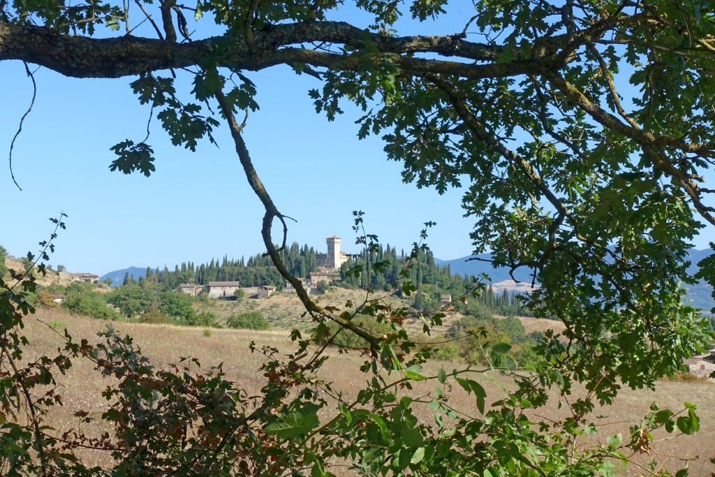 Paesaggio rurale lungo la Via degli Dei, con colline e campi.
