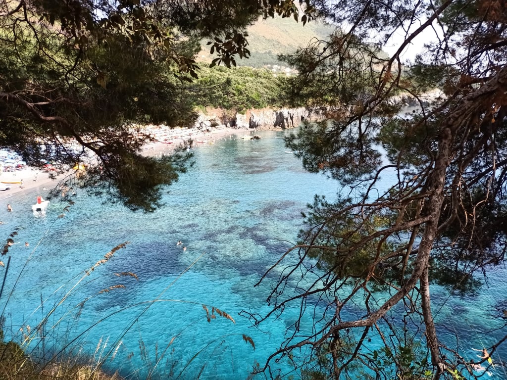 Piscina naturale con acque cristalline circondata da alberi, Maratea.