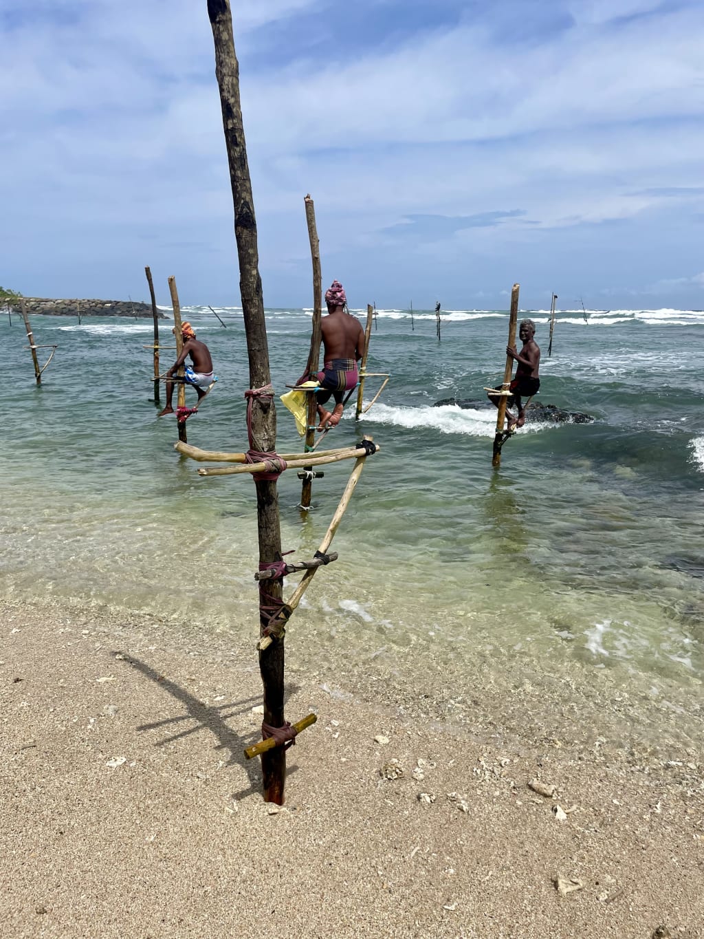 Tradizionali pescatori su palafitte a Negombo, iconica scena della costa dello Sri Lanka.