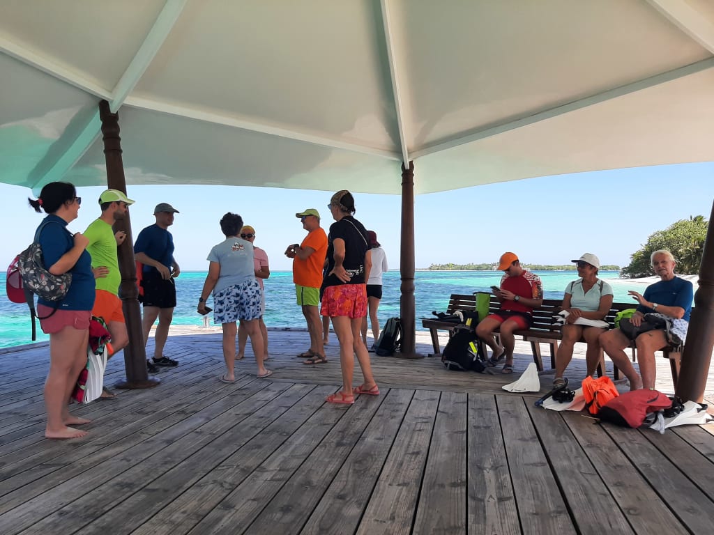 Relax sotto gazebo vista oceano, Maldive pausa durante tour organizzato tra mare e natura