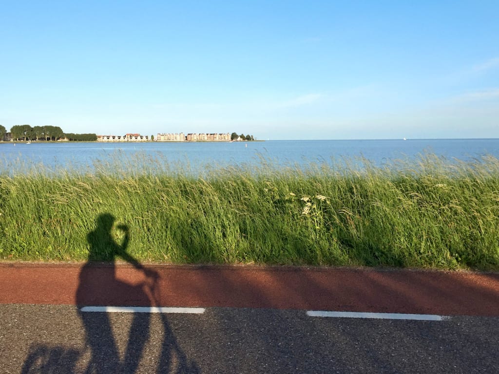Ciclovia costiera nei Paesi Bassi con vista sul mare e paesaggio naturale.