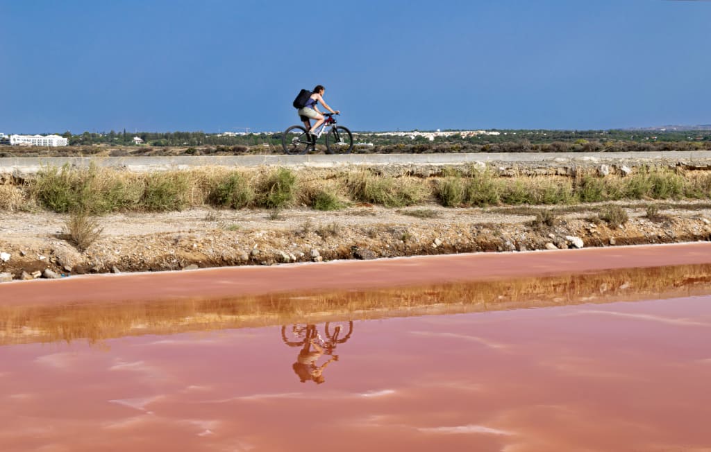 Saline rosa di Castro Marim, Algarve, Portogallo, con ciclista che percorre un sentiero vicino.
