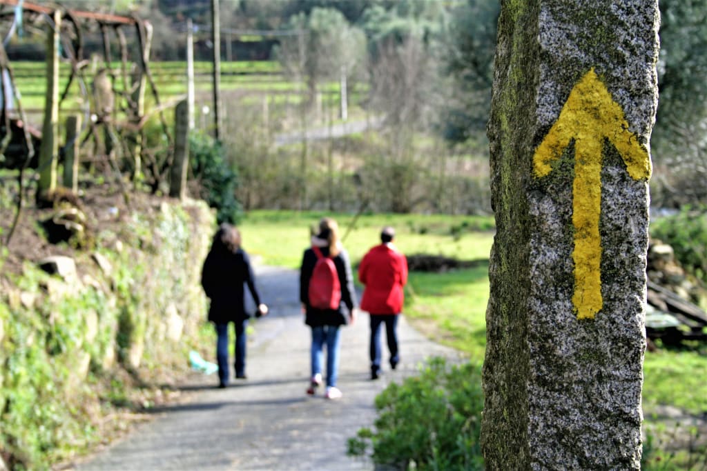 Gruppo di pellegrini che cammina lungo un sentiero in natura segnalato da una freccia gialla sul Cammino Portoghese.