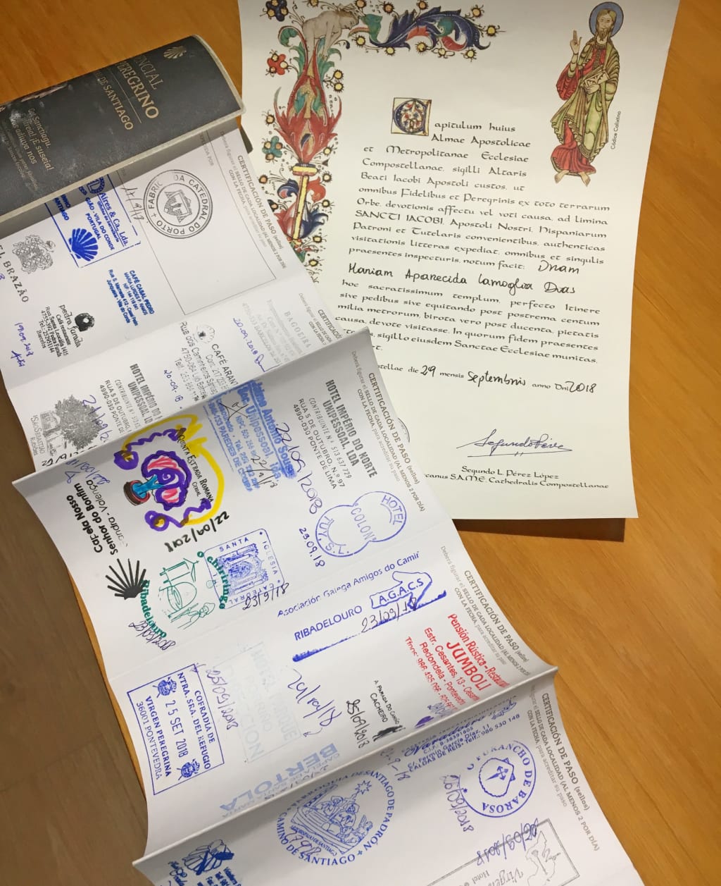 Passaporto del pellegrino con timbri del Cammino di Santiago e certificato di completamento o Compostela