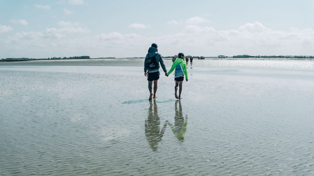 Escursionisti a piedi nudi attraversano la baia del Mont Saint-Michel durante la bassa marea.