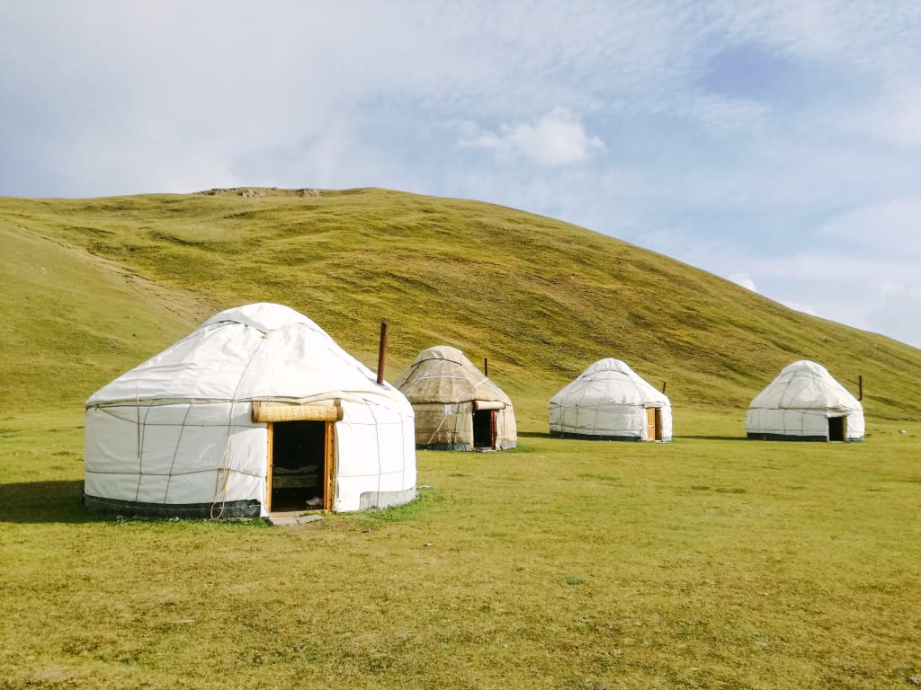 Serie di yurta tradizionali kirghise immerse in una prateria verde sotto un cielo azzurro.