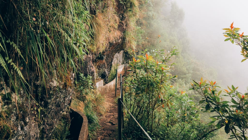 Cascata che scende tra le montagne verdi di Madeira, trekking di gruppo "Girolibero"