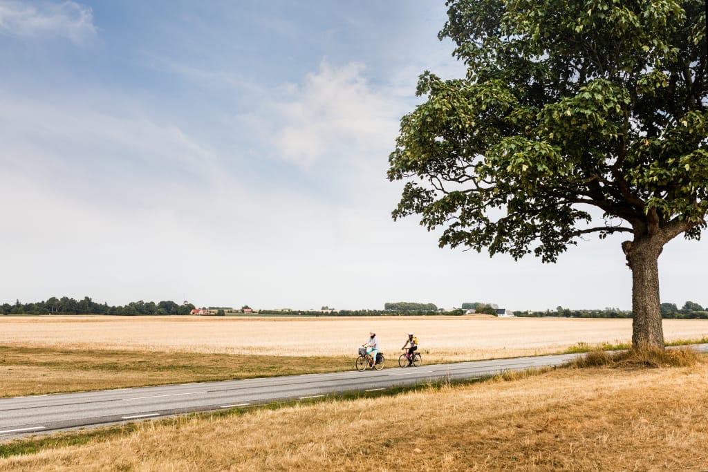 Coppia in bicicletta su sentiero rurale, Svezia del Sud, vacanze in bici "Girolibero"