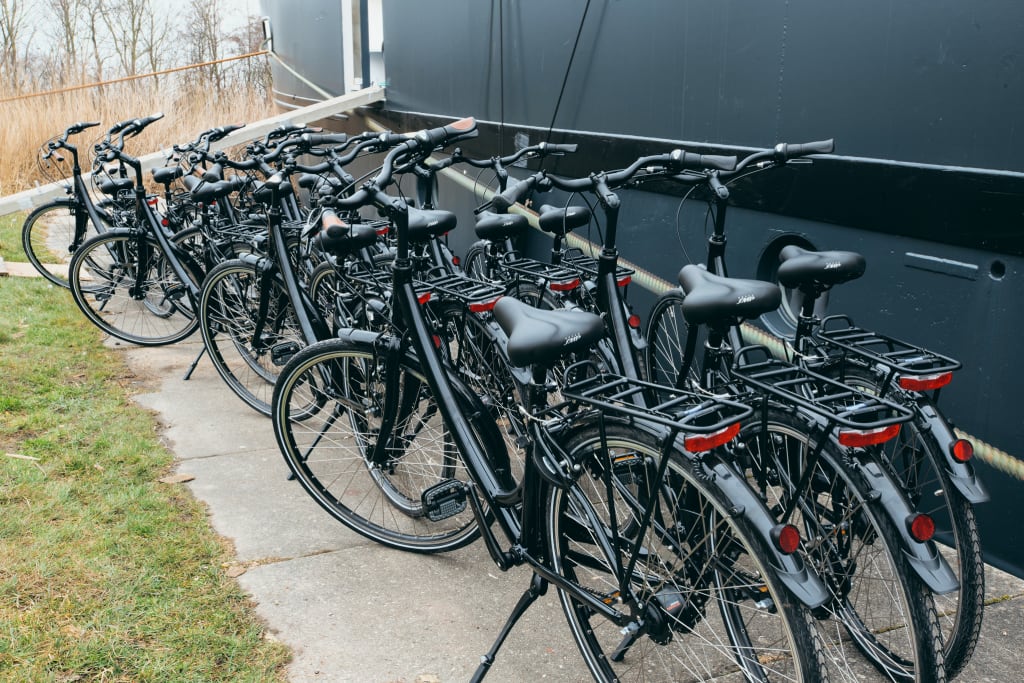 Lunga fila di bici davanti a navi ormeggiate