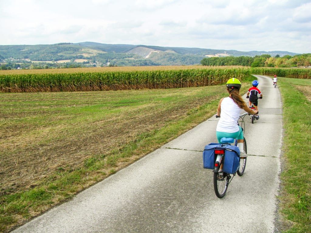 Bambini in bici con caschetto, campo di grano, vacanza per famiglie, ciclabile Danubio, tra Passau e Vienna