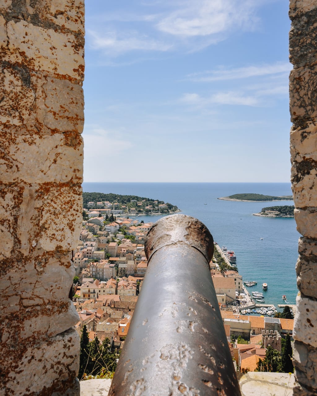 Ancient cannon overlooking the sea, view from the castle, Split
