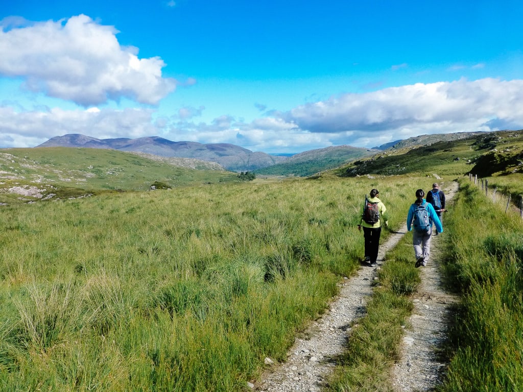 Escursionisti lungo un sentiero erboso con vista sulle montagne, trekking lungo la Kerry Way.