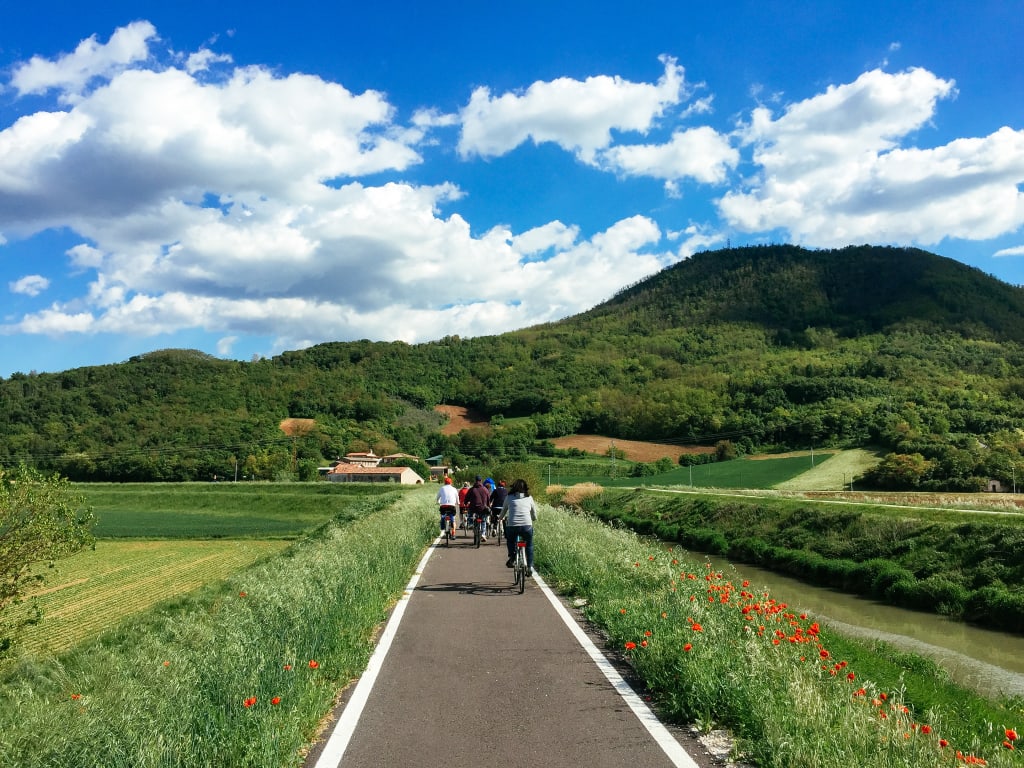 Ciclista su una pista tra vigneti e colline, Colli Euganei