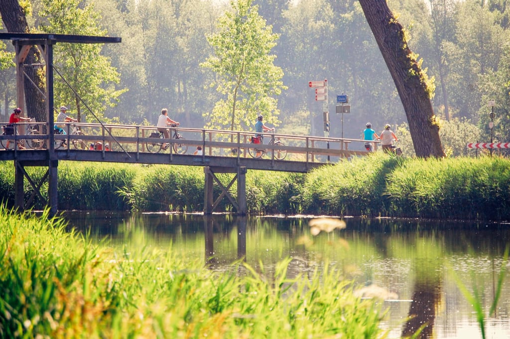 Radfahrer überqueren einen Naturpfad mit einer kleinen Brücke im Nationalpark Weerribben, Niederlande.