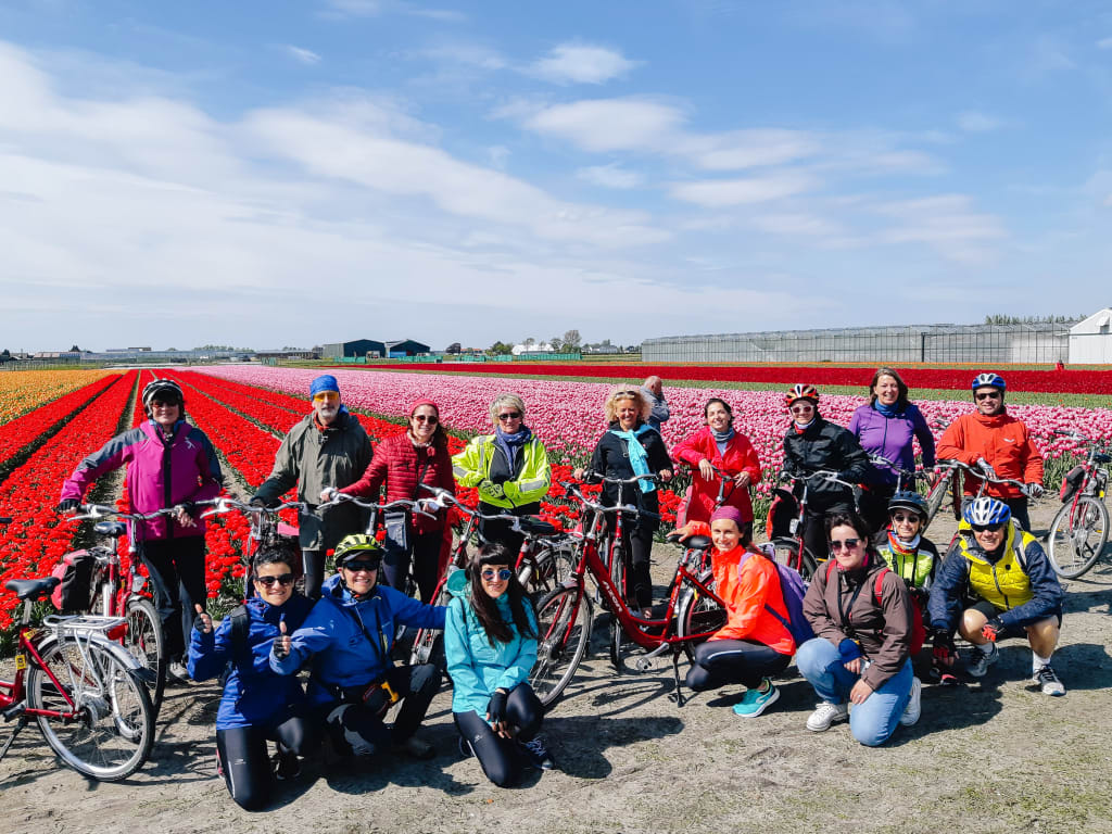 Gruppo "Girolibero" in posa davanti a file infinite di tulipani in fiore