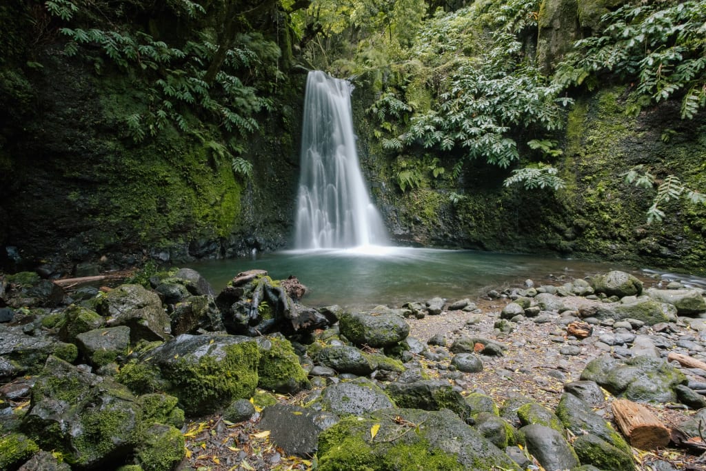 Cascata immersa nella foresta lussureggiante di São Miguel, Azzorre