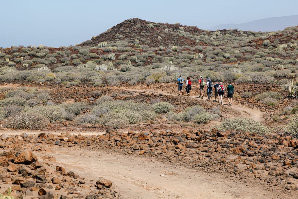 Escursionisti lungo un sentiero con terreno brullo, Tenerife