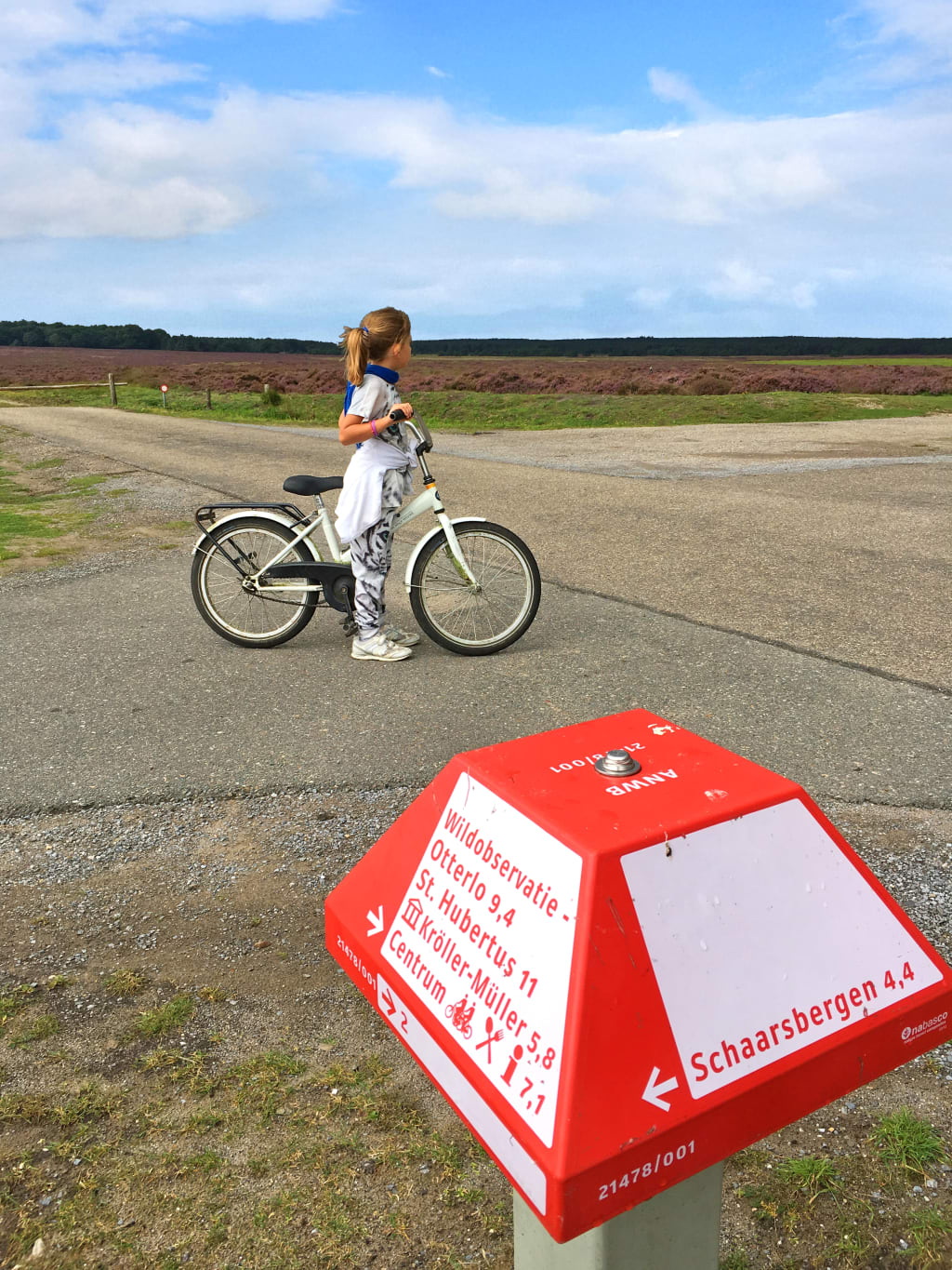 Bambina in bicicletta su strada di campagna nei Paesi Bassi, cicloturismo family-friendly tra paesaggi rurali olandesi.