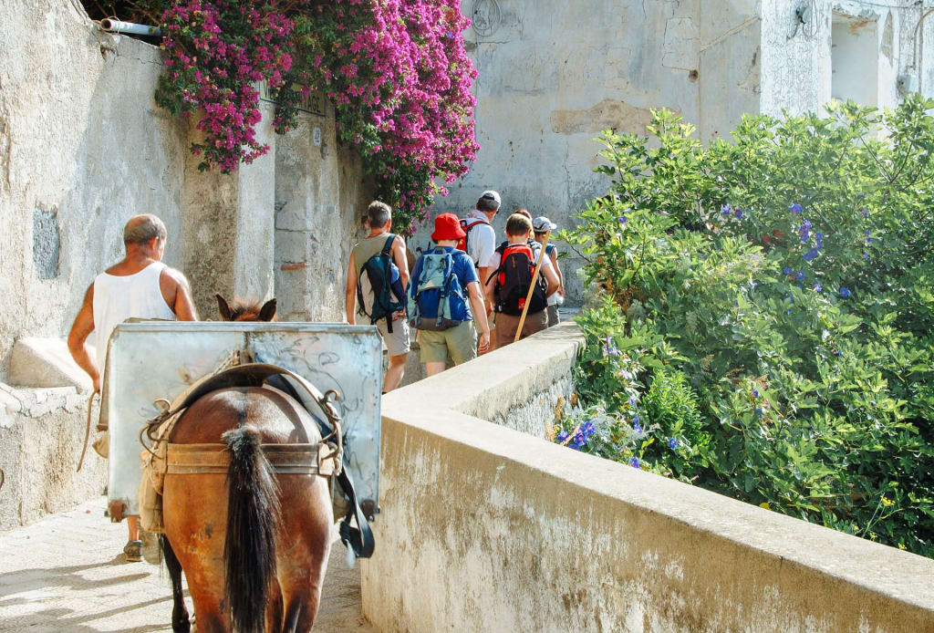 Signore con cavallo da soma con davanti un gruppo di escursionisti che attraversa un vicolo lungo un trekking nella Costiera Amalfitana, Campania