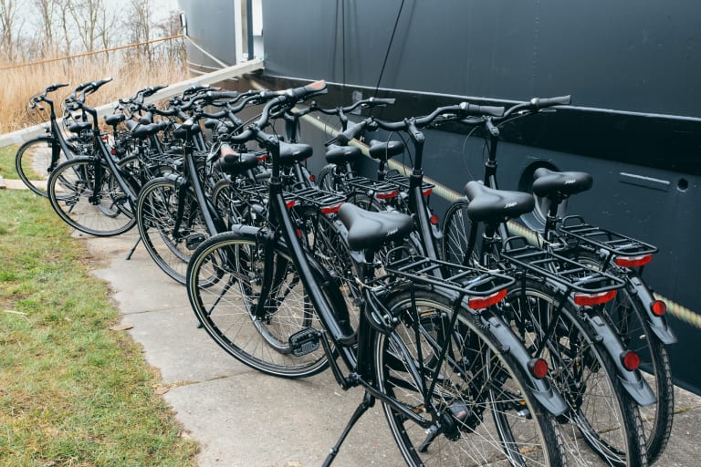 Lunga fila di bici davanti a navi ormeggiate