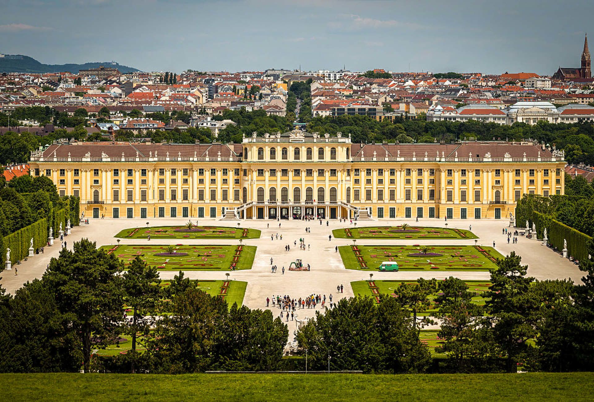 Schönbrunn Palace with manicured courtyards, Vienna, Austria
