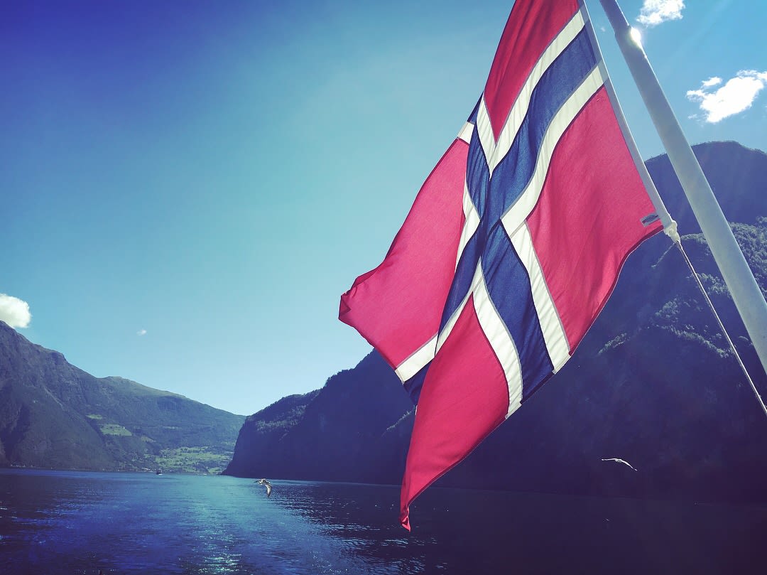 Bandiera norvegese su nave in navigazione tra i fiordi