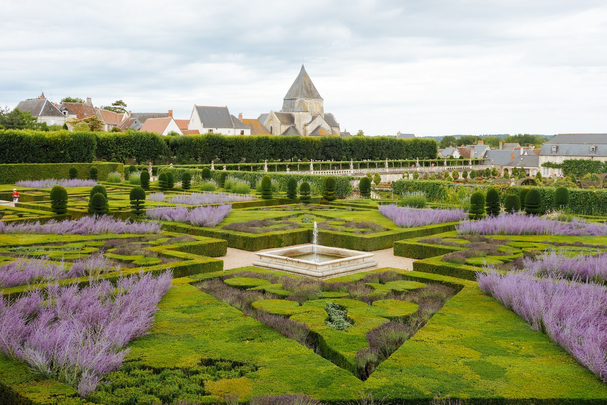 Panoramic view of Villandry gardens with manicured lawns and flower beds, Loire Valley, France.