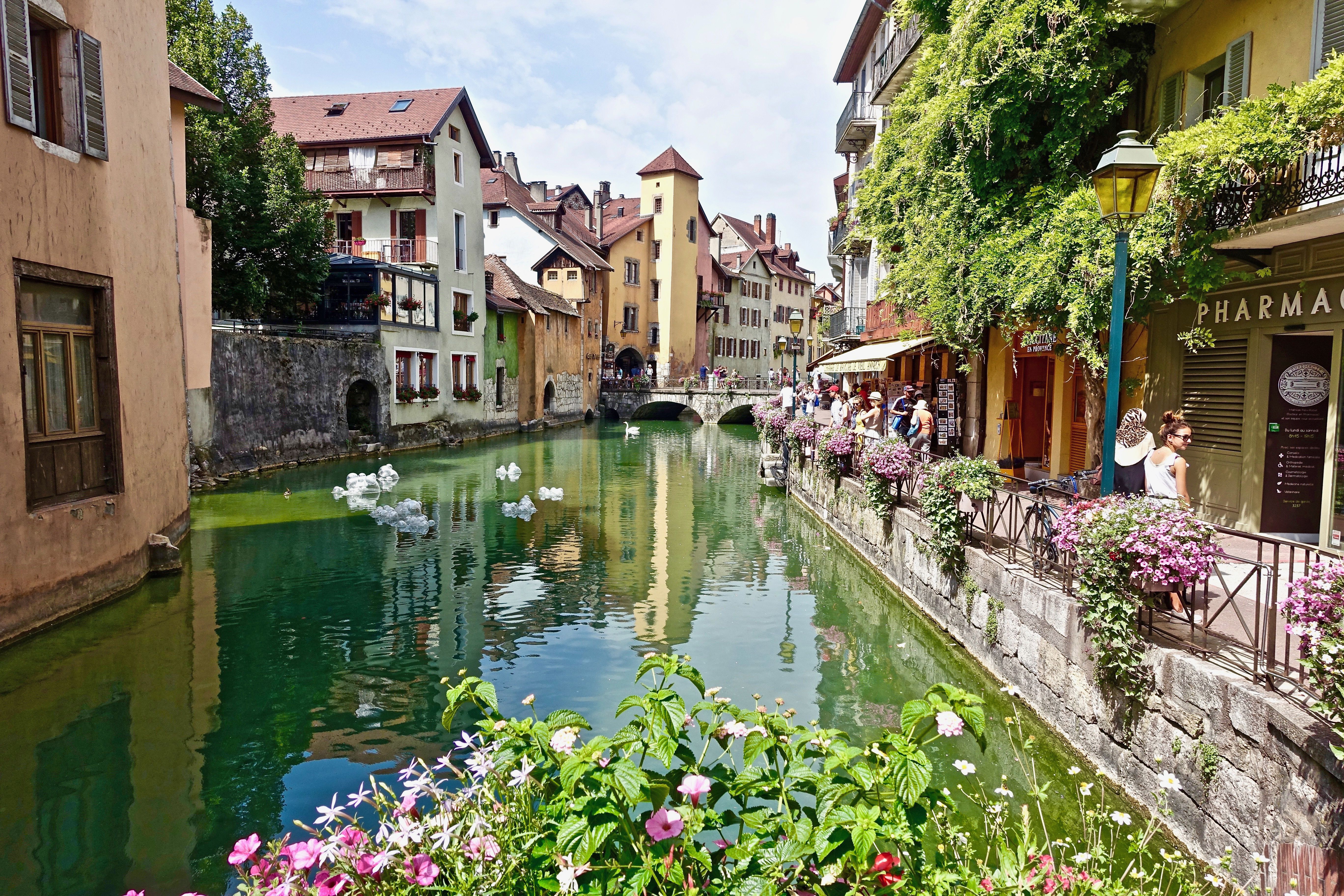 Canale pittoresco con case e fiori lungo le rive nel centro storico di Annecy, Francia