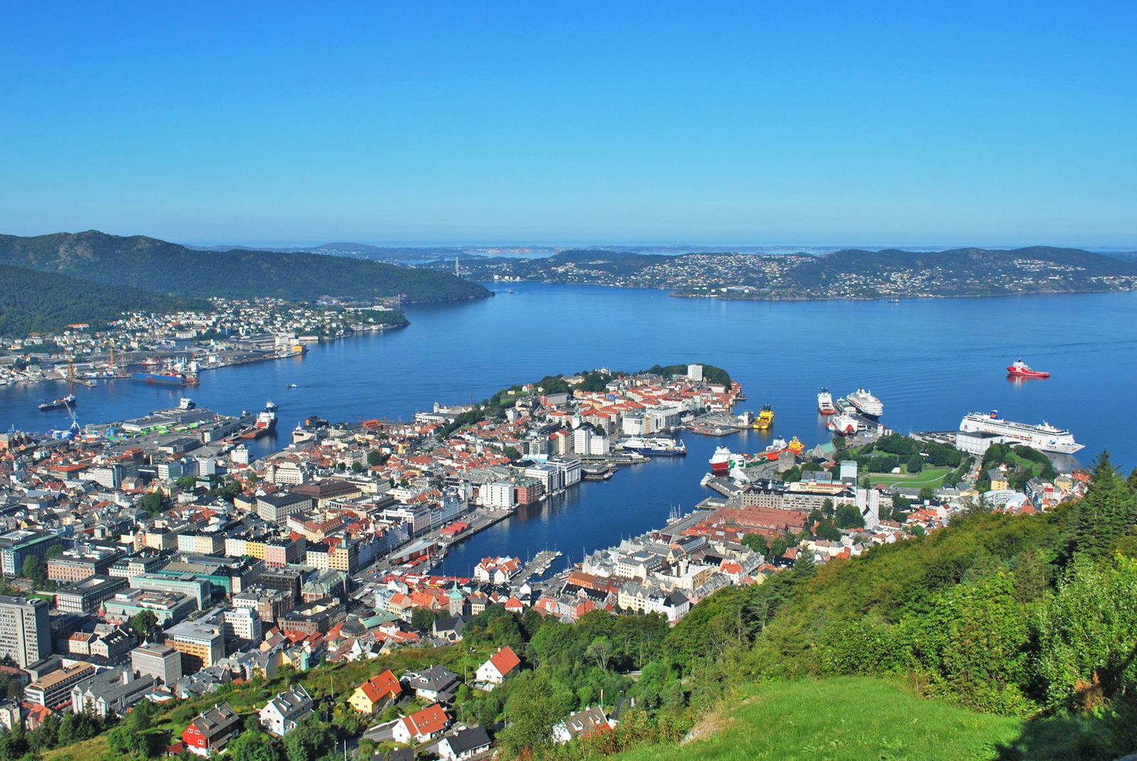 Panoramica di Bergen, Norvegia, con case colorate lungo la costa.