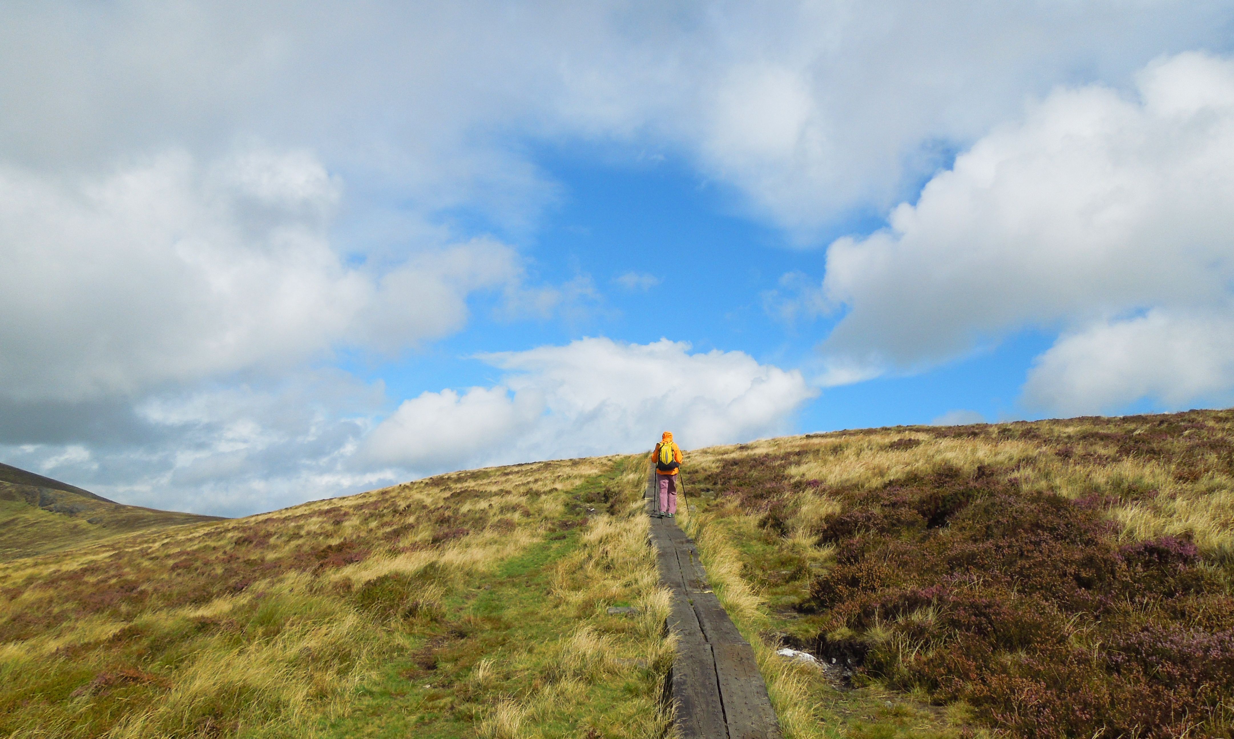 Escursionista lungo un sentiero panoramico lungo la Wicklow Way, Irlanda, tra colline verdi e cielo azzurro.