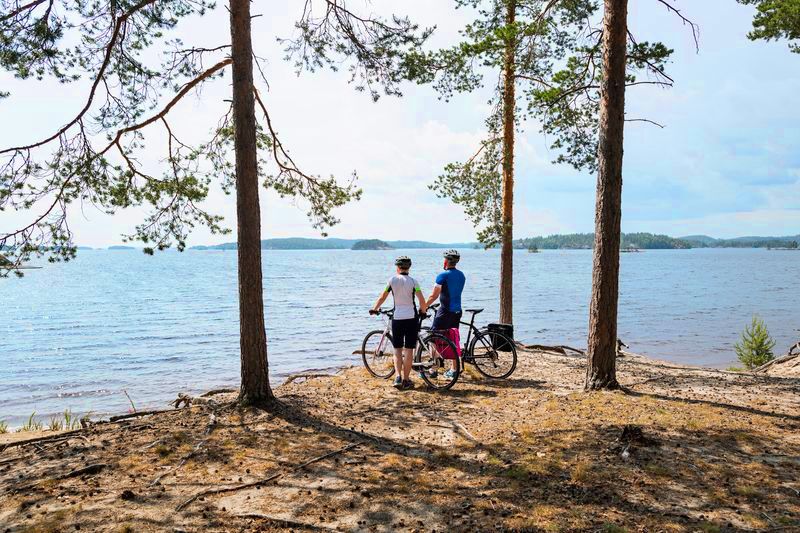 Ciclisti in sosta in riva al mare con biciclette parcheggiate tra alberi, godendosi il panorama dell'arcipelago di Turku.