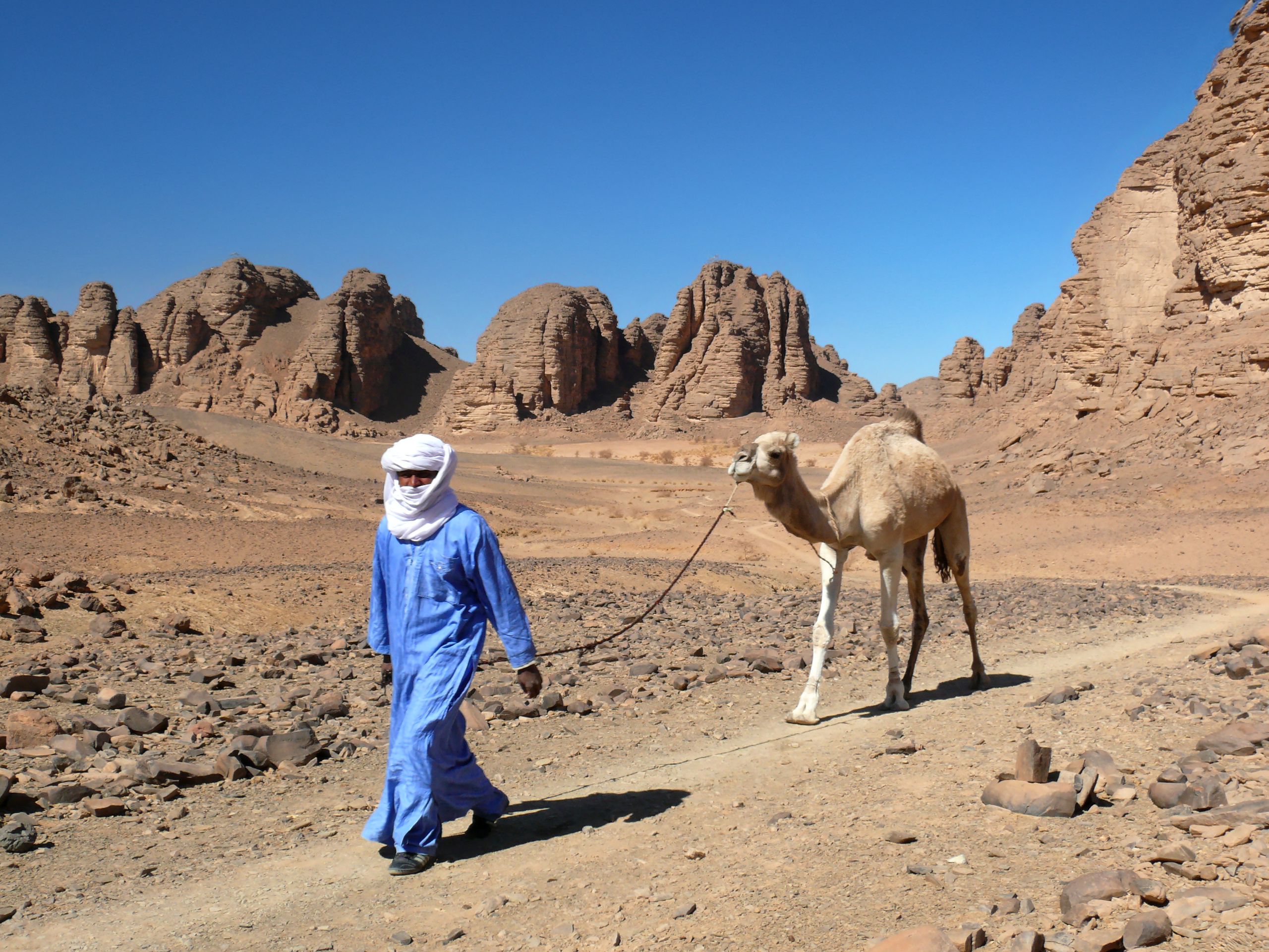 Nomade tuareg con cammello, Algeria - Uomo in abiti tradizionali che guida un cammello nelle distese desertiche del Sahara. Viaggi in gruppo con Girolibero.