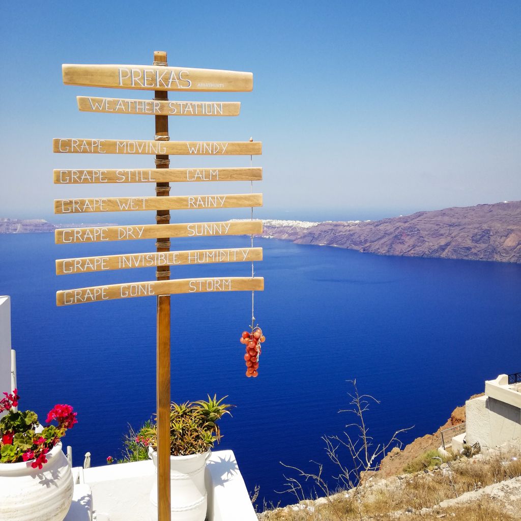 Cartello segnaletico giallo che indica diverse destinazioni a Santorini con mare blu sullo sfondo