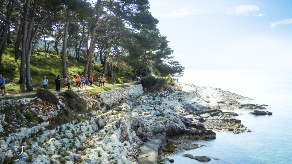 Camminatori su percorso ombreggiato lungo mare, trekking in gruppo Lussino