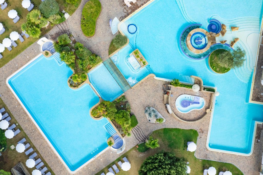 Aerial view of thermal spa complex in Galzignano, Veneto.